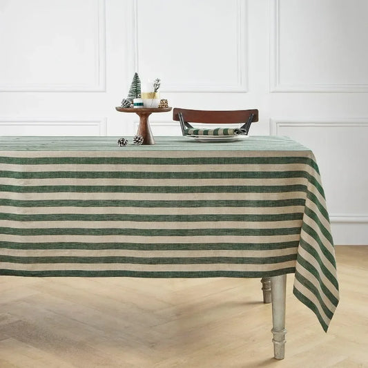 Linen Tablecloth 60 x 90 Inch - Sorrento Stripe 100% Pure Linen Hunter Green and Natural Table Cloth for Rectangle Tables - Mach