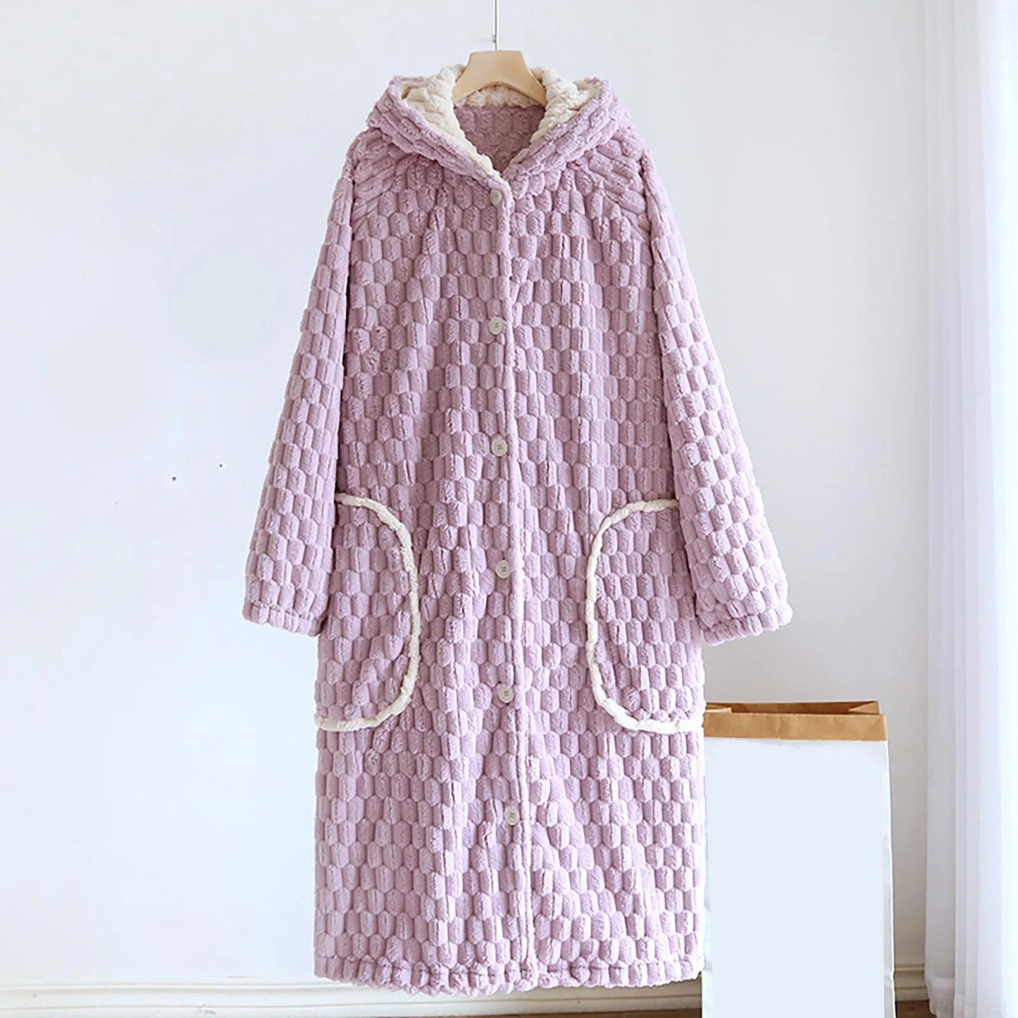 Women'S Loose Hooded Robe Nightgowns With Thick Plush Long Autumn Winter Coral Fleece Bathrobe With Big Pockets Woman Nightwear