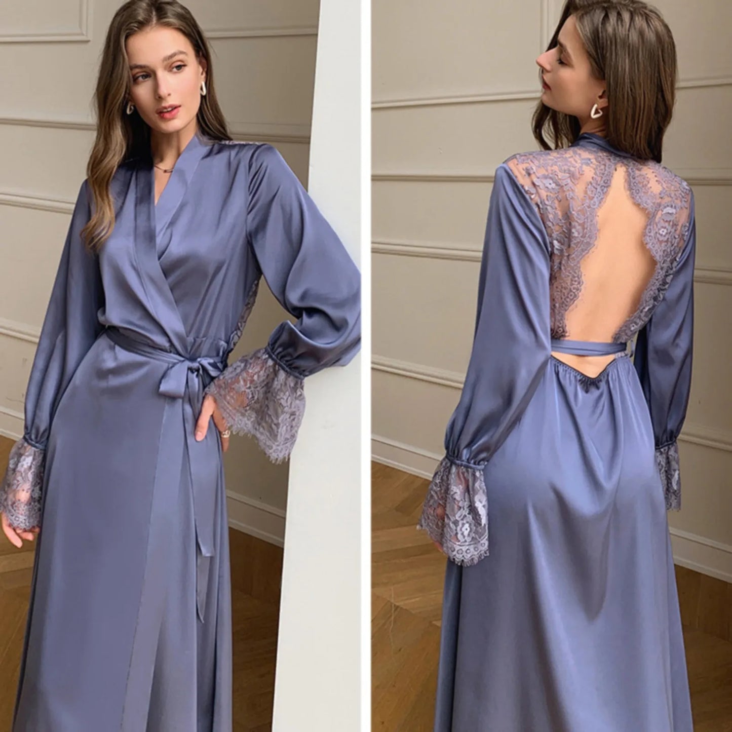 Elegant Women Luxury Sexy Lace Pajama Flare Sleeve Long Cardigan Satin Ice Silk V Neck Backless Kimono Homewear Women Bathrobe