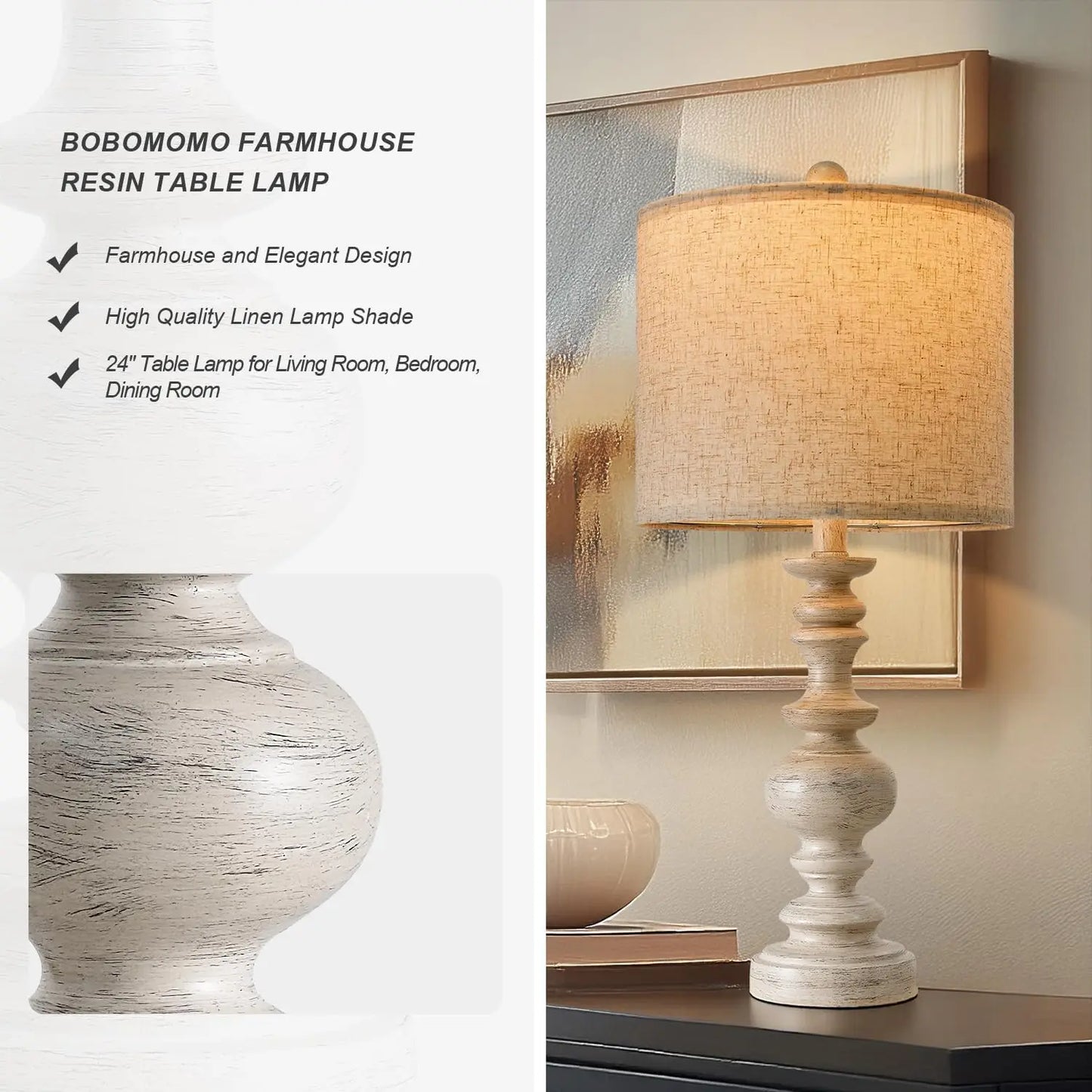 Set of 2 Vintage Farmhouse Table Lamps with Linen Shades, Rustic Bedside Lamps for Living Room and Bedroom