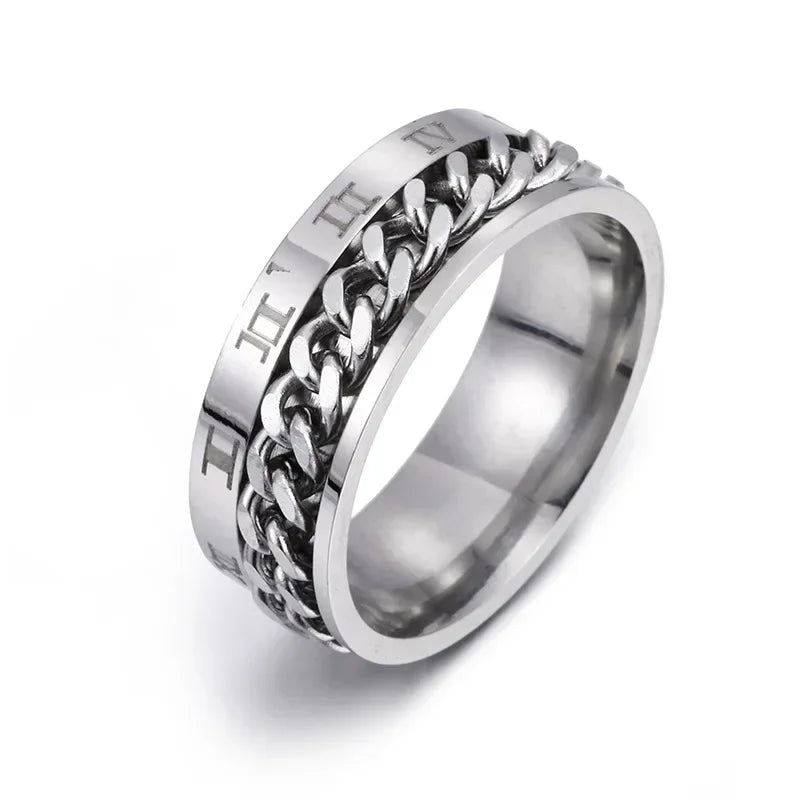 Roman Numerals Stainless Steel Chain Rotating Anxiety Black Rings For Men Fidget Metal Spinner  Ring Anillos De Hombre