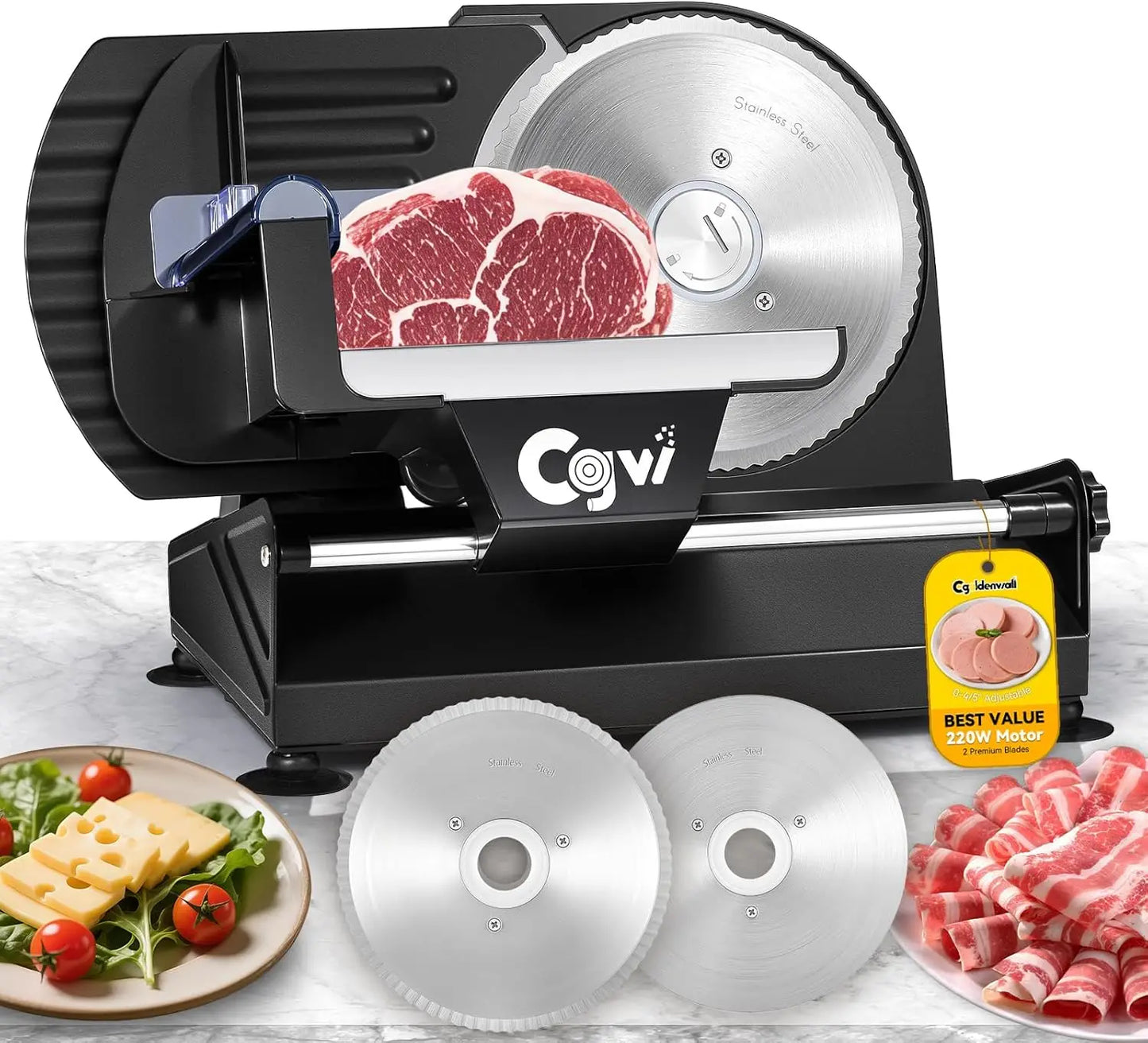 Meat Slicer, 220W Electric Deil Food Slicer with 2 Removable 7.5' Blades, 4/5' Adjustable Thickness, Food Slicer Machine for