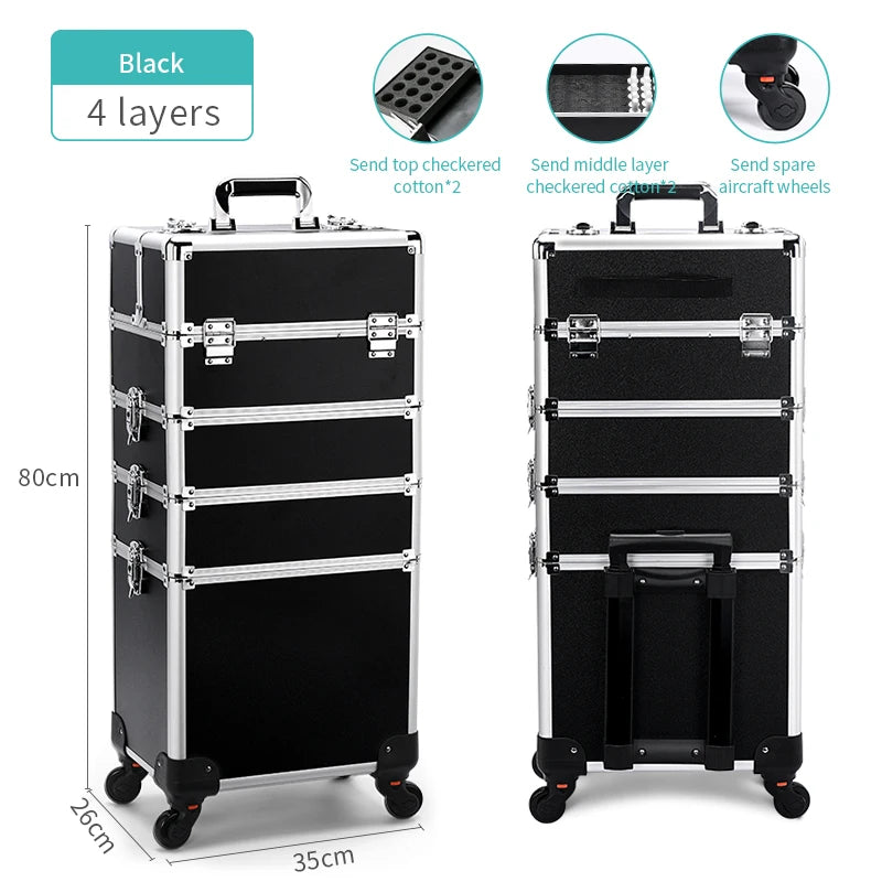 4 in 1 Professional Makeup Train Case Aluminum Rolling Cosmetic Case On Wheels Artist Makeup Organizer Storage with Trays