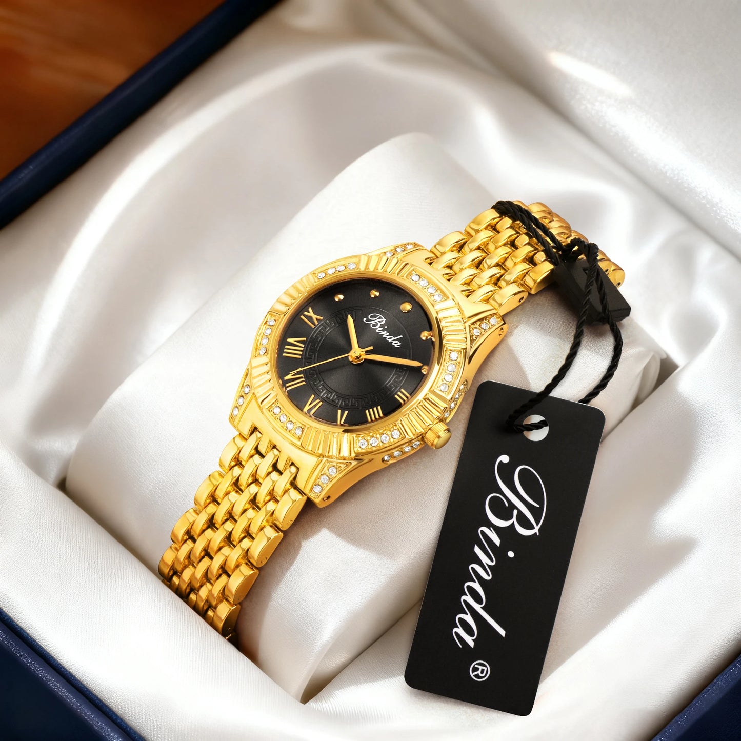 Binda Women's Fully Iced-Out Quartz Watch, Elegant Round Dial, High-Quality Rhinestones, Multi-Color Options, With Gift Box