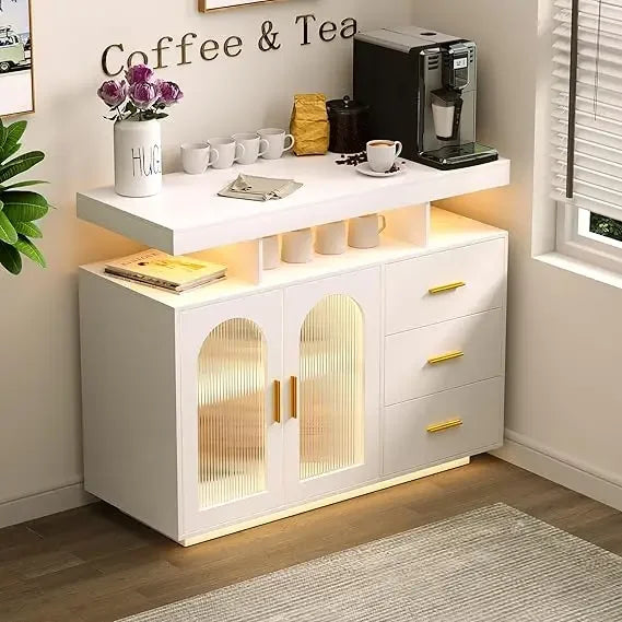RGB LED Coffee Bar Cabinet Kitchen Storage Cabinet & Sideboard Buffet Cabinets for Dinning Room，Kitchen(Black)，Kitchen Cabinets