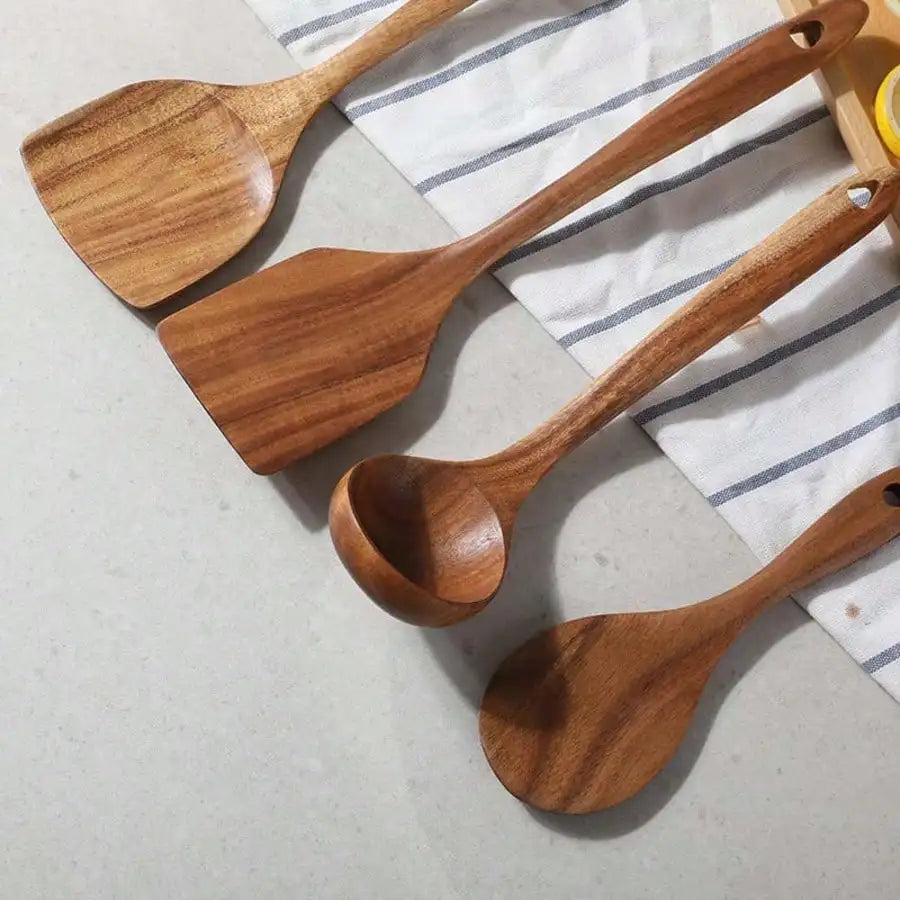 10-Pcs Sturdy Wooden Spoons Set - W/Storage Box, Heat-Resistant, Kitchen Baking Utensils