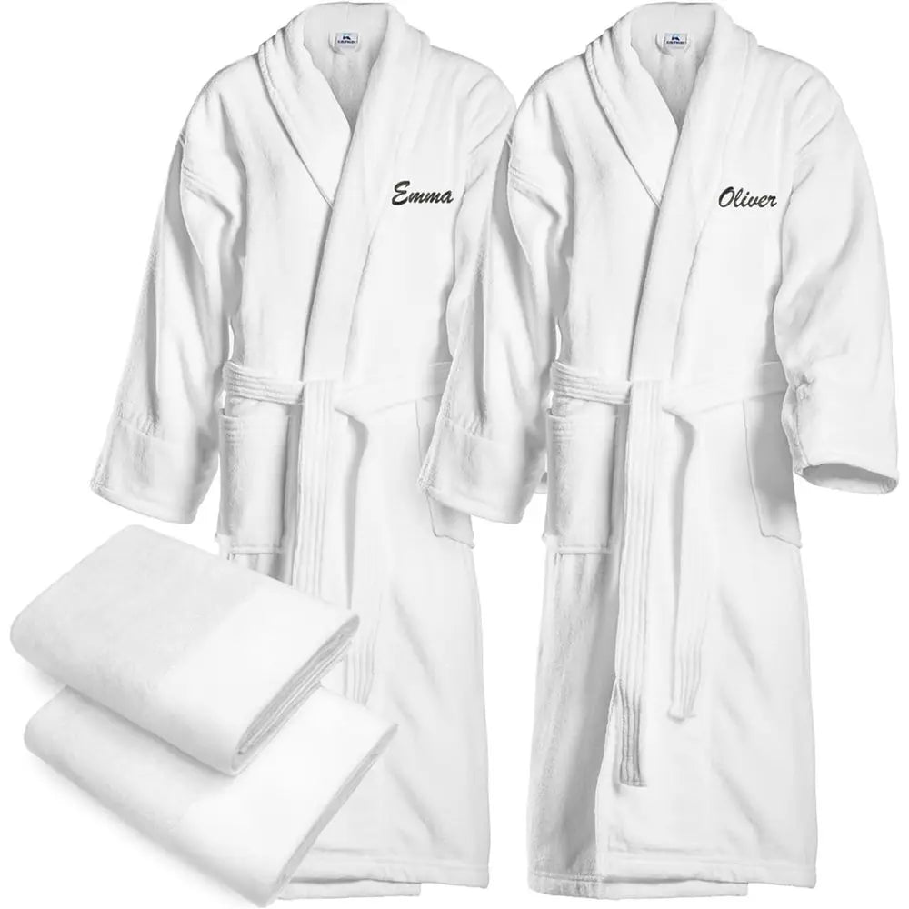 KAUFMAN SALES CO Custom 4pc 100% Cotton Velour Personalized His and Hers Robes For Couples With Matching Towels 30 x 58
