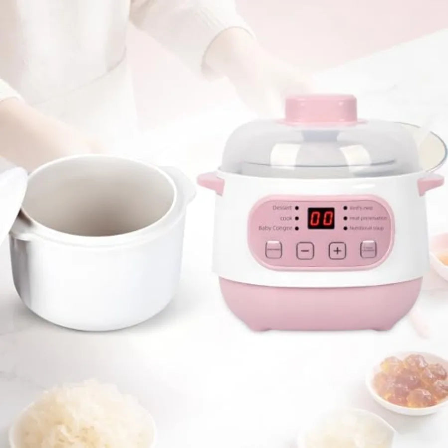 Pink 1L Ceramic Slow Cooker with Steamer Basket 200W Mini Electric Stew Pot 24-Hour Delayed Start Auto Keep-Warm Household Kitc
