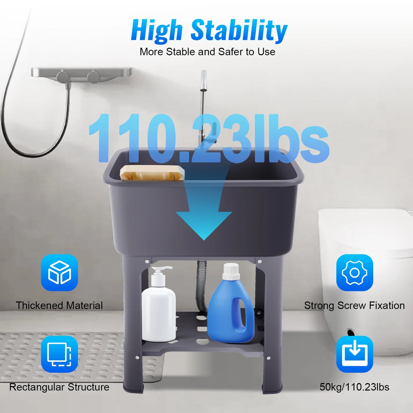 Utility Sink with 360° Faucet, 48L Large Capacity Laundry Sink for Cleaning Kitchen Garage, PP Freestanding Sink with Washboard