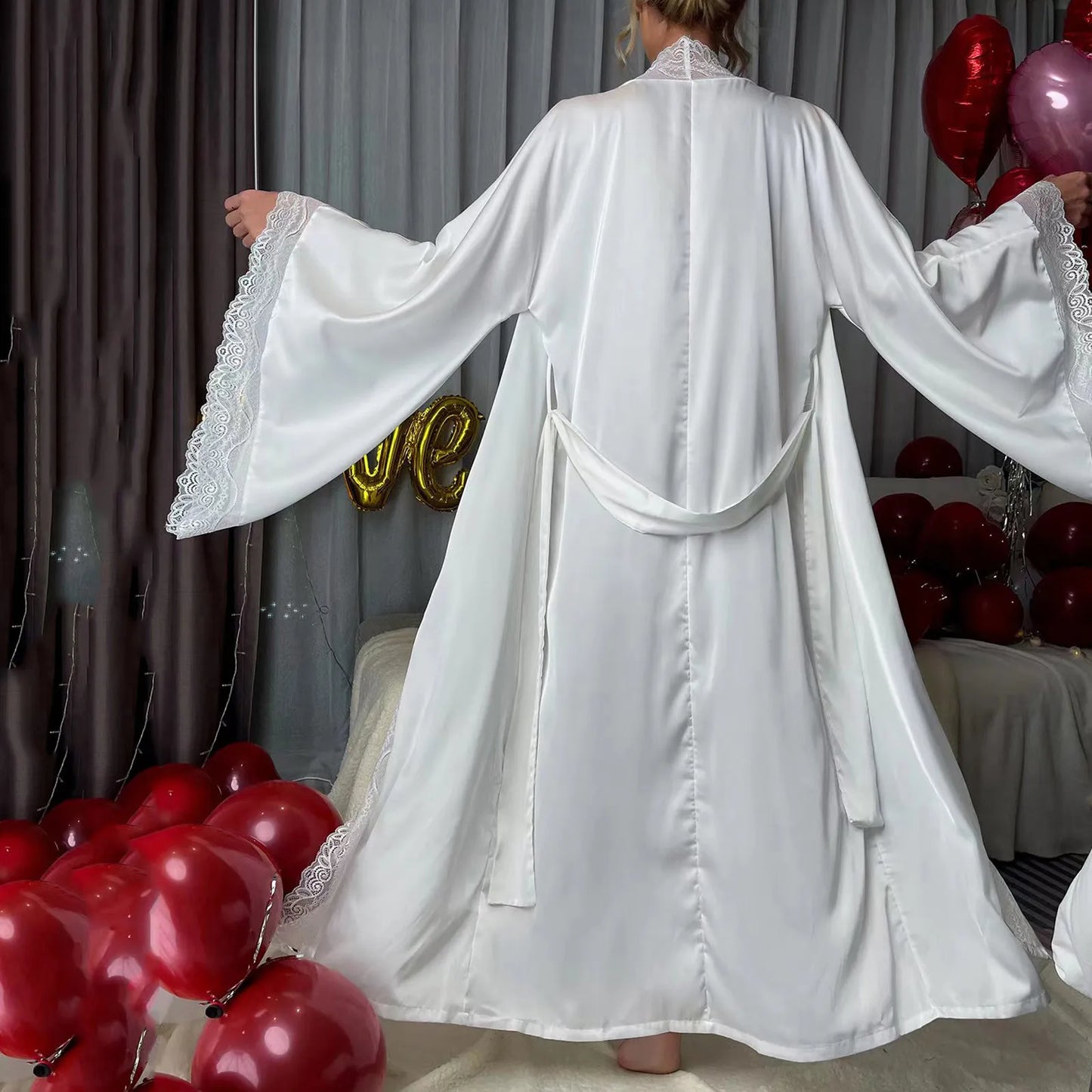 Long Solid Kimono Robe Women Sexy Lace Patchwork Bathrobe Gown Flare Sleeve Sleepwear Nightwear Bride Wedding Robes Loungewear