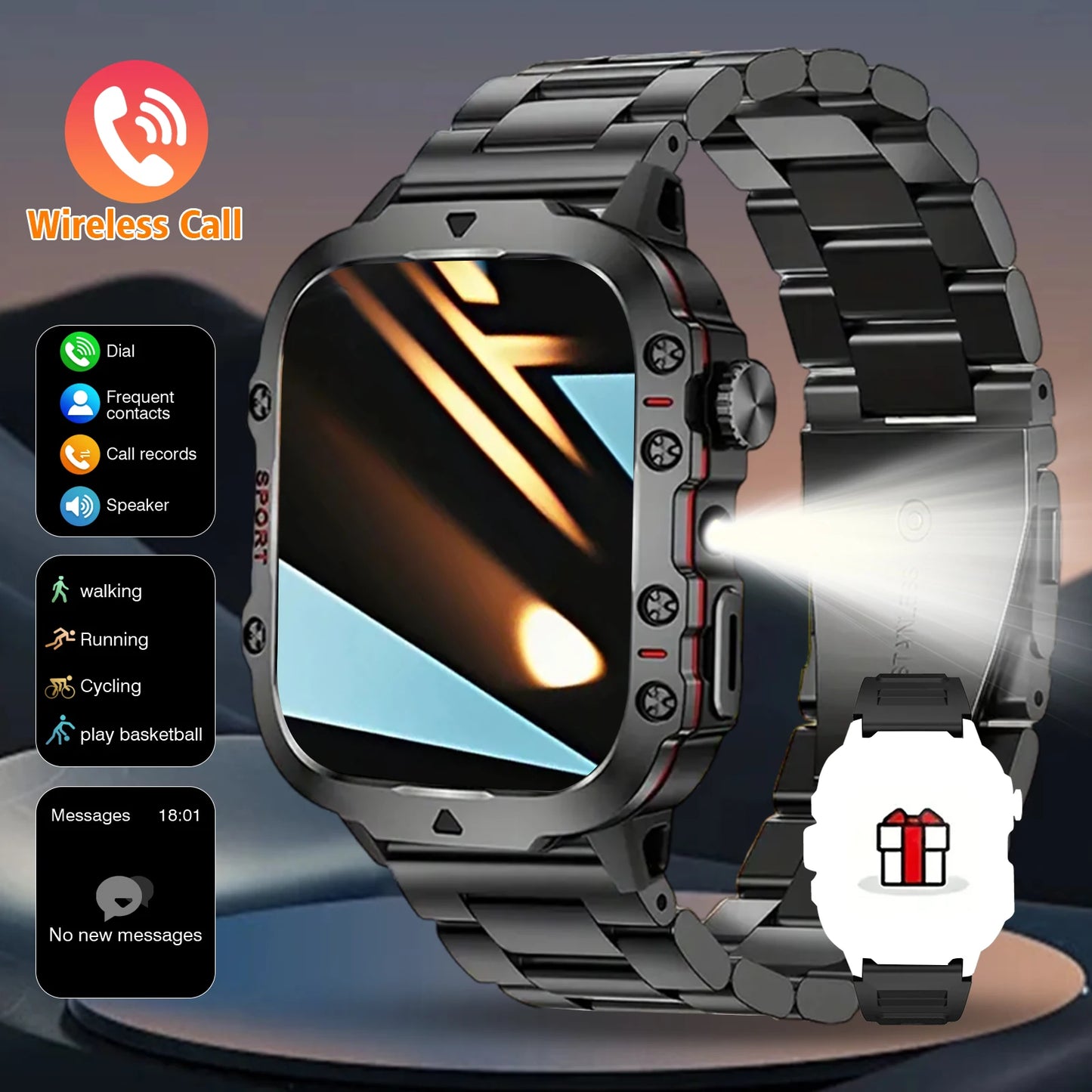 Smart Watch with Flashlight, Bluetooth Calling, Message Reminder, Stainless Steel Strap, Compatible with IPhone/Android