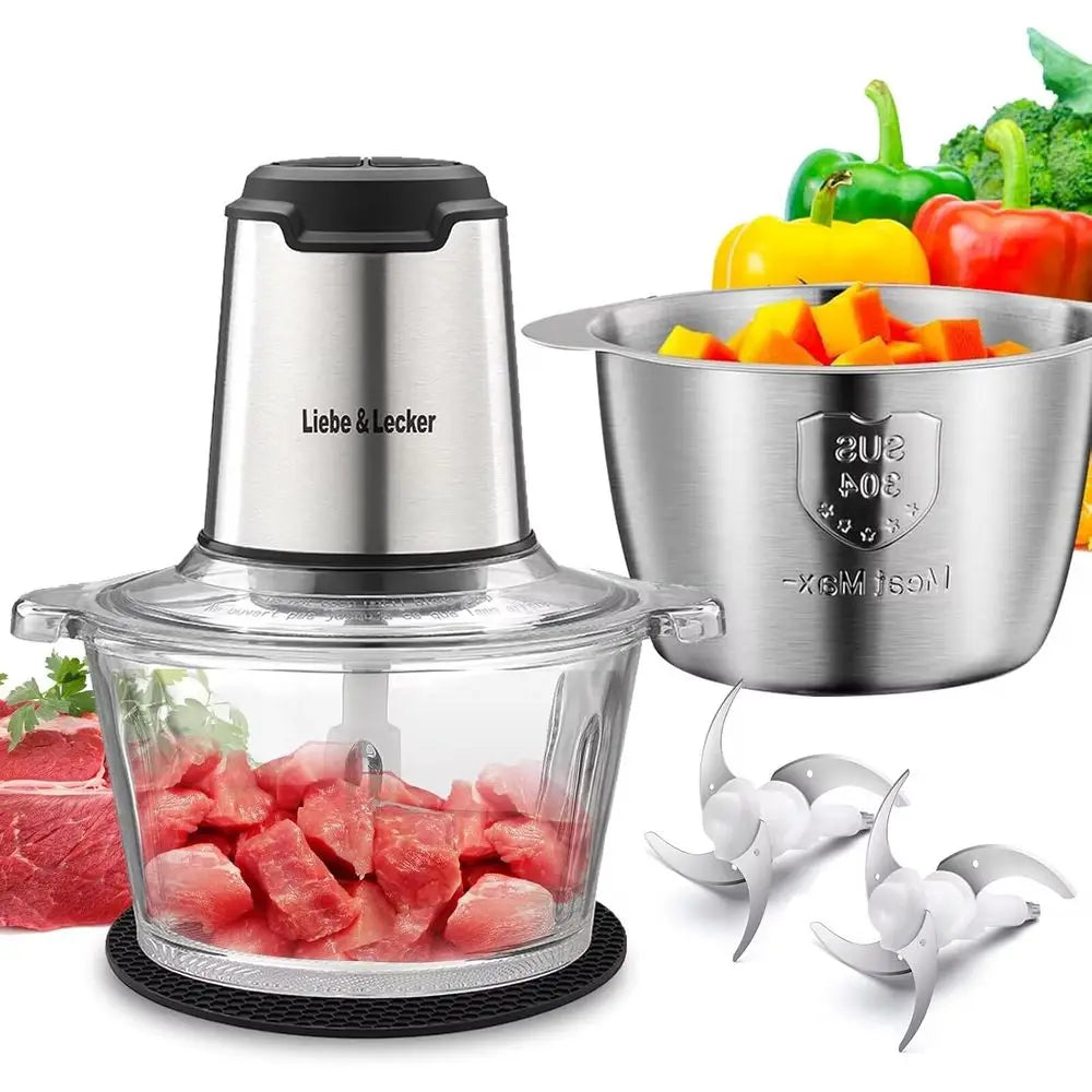 Meat Grinder with 2 Bowls 8 Cup and 8 Cup, Electric Vegetable Chopper with 4 Large Blades for Fruits, Meat, Vegetables, Baby Foo