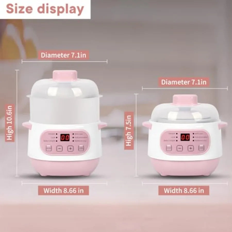 Pink 1L Ceramic Slow Cooker with Steamer Basket 200W Mini Electric Stew Pot 24-Hour Delayed Start Auto Keep-Warm Household Kitc
