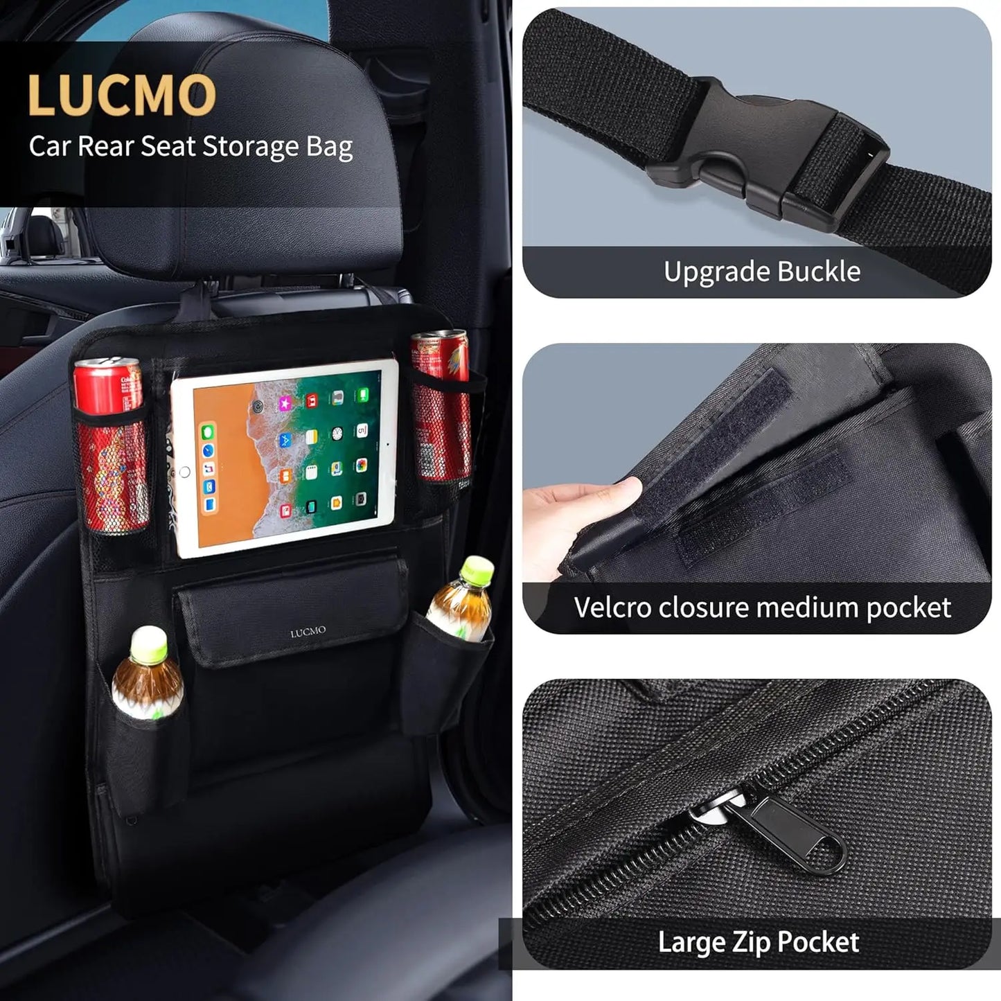 Car Backseat Organizer with Touch Screen Tablet Holder, 9 Storage Pockets for Kids Travel Accessories - Black