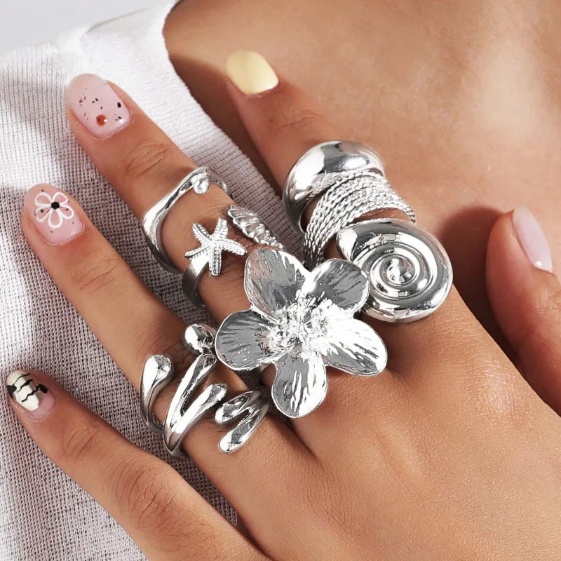8Pcs New Irregular Metal Flower Open Ring for Women's Elegant Imitation Pearl Ring Jewelry Accessories Geometric Finger Ring Jew