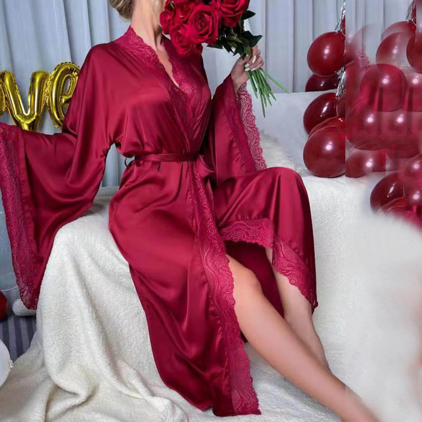 Long Solid Kimono Robe Women Sexy Lace Patchwork Bathrobe Gown Flare Sleeve Sleepwear Nightwear Bride Wedding Robes Loungewear