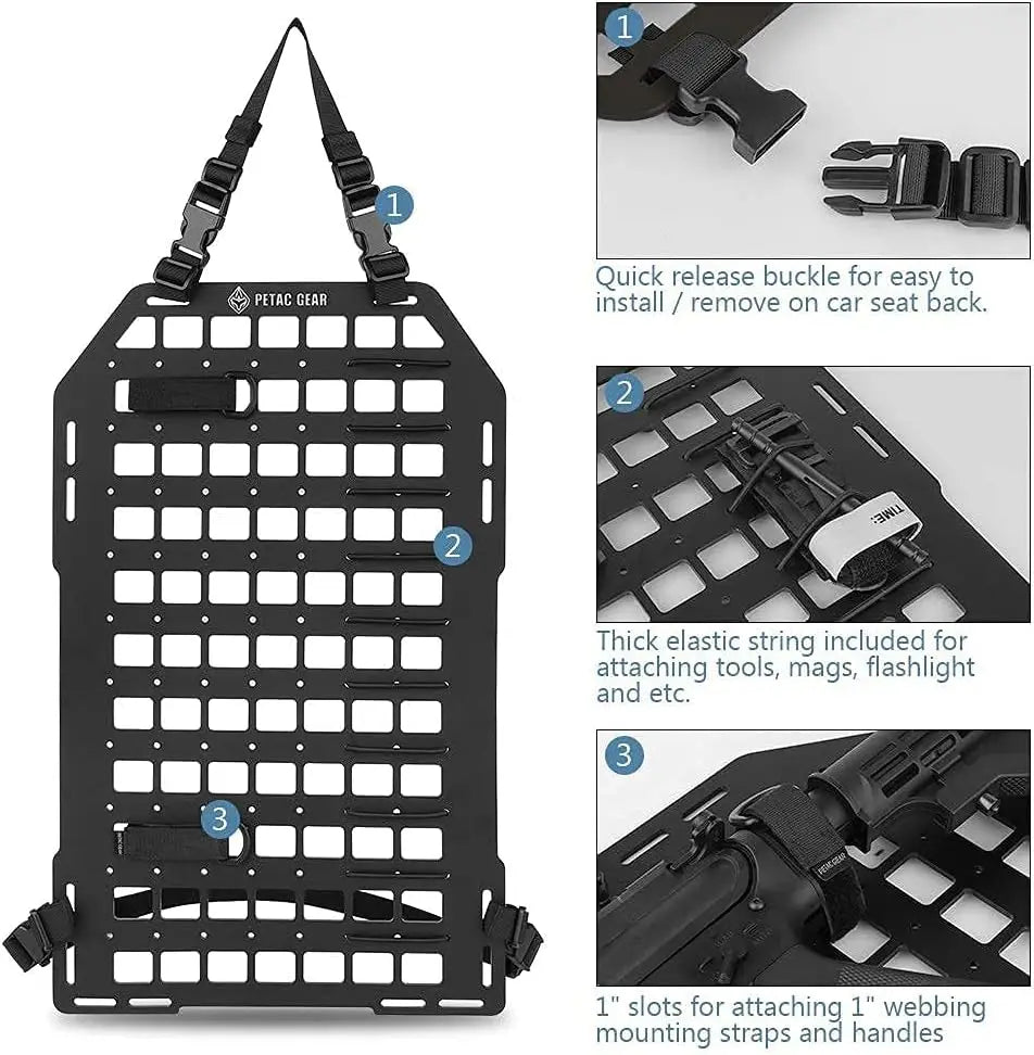 Tactical Car Seat Back Organizer with Rigid Molle Panels for Vehicle Gear Storage and Truck Mount Rack Accessories