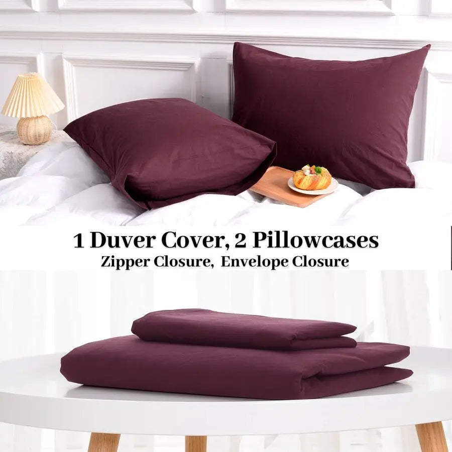 Duvet Cover Set Queen Size Linen Look Textured 100 Washed Cotton Duvet Cover Burgundy Dark Red 3 Pieces Bedding Set with Zipper