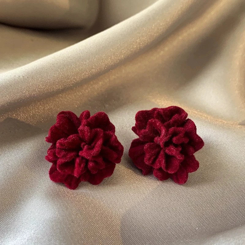 Temperament Winered Flocking Camellia Flower Stud Geometry Earring Jewelry Christmas Girl Friend Gift