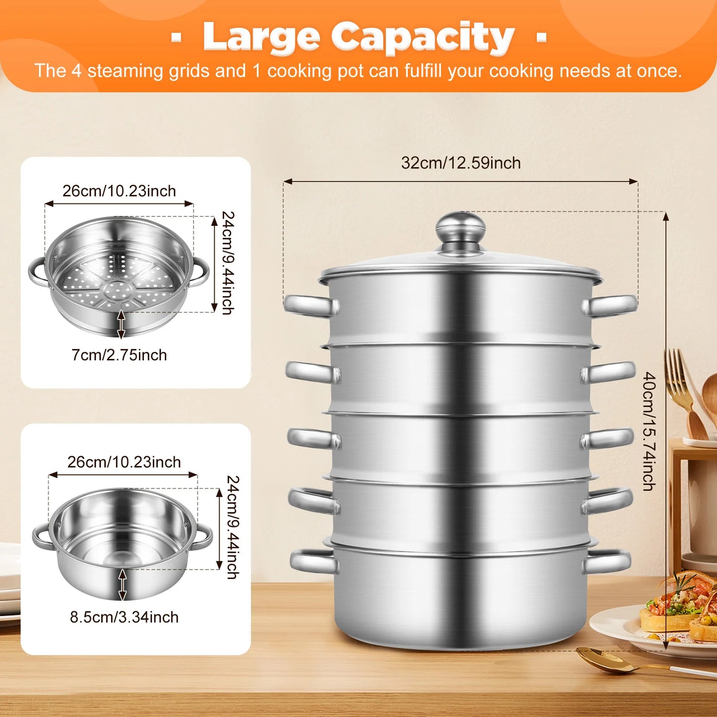 5-Tier Stainless Steel Steamer 15kg  Adjustable Grids Glass Lid for Home Kitchen Restaurant Dormitory Cooking
