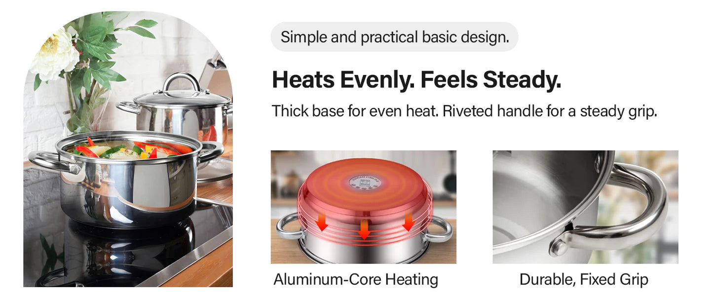 Kitchen Cookware Sets, 12-Piece Basic Stainless Steel Pots and Pans, Silver