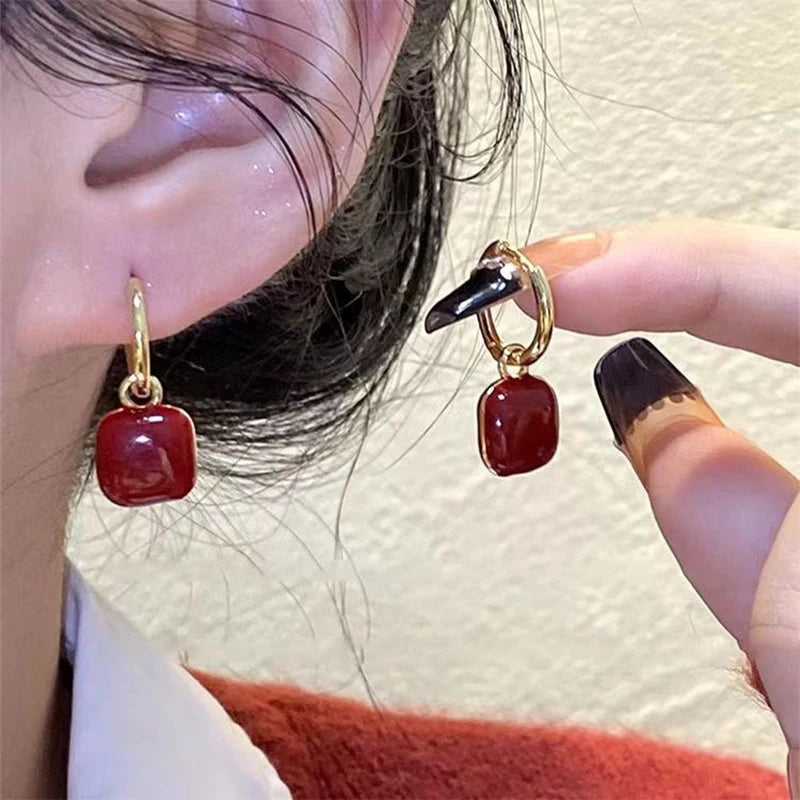 Ankela Red Ribbon Bow-knot Vintage Stud Earrings For Women Korean Fashion INS Autumn Winter Simple Bow Geometric Earring