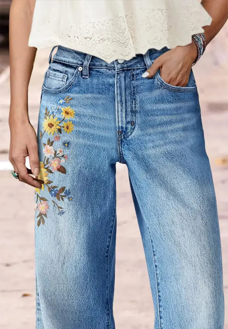 Women's fashionable and comfortable washing light blue embroidery printing craft high waist micro-stretch casual jeans