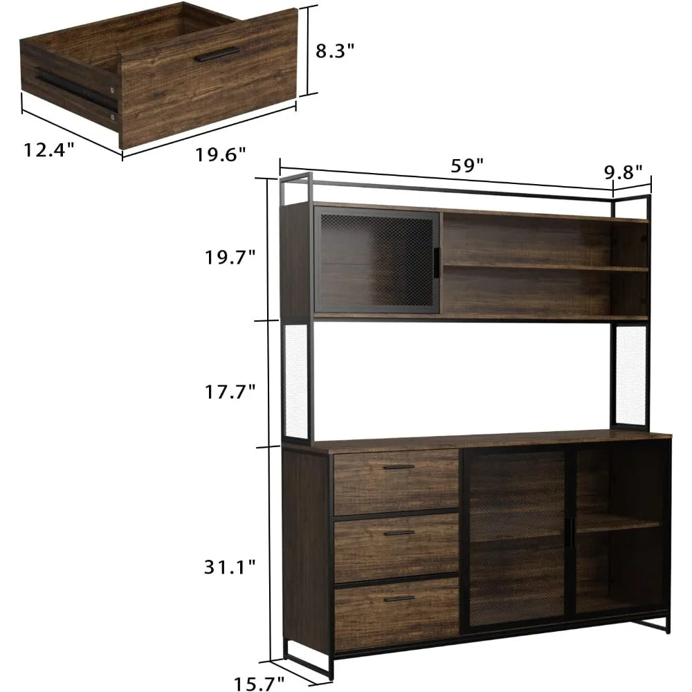 Large kitchenware storage cabinet, metal frame, drawers and microwave rack, independent kitchen storage cabinet