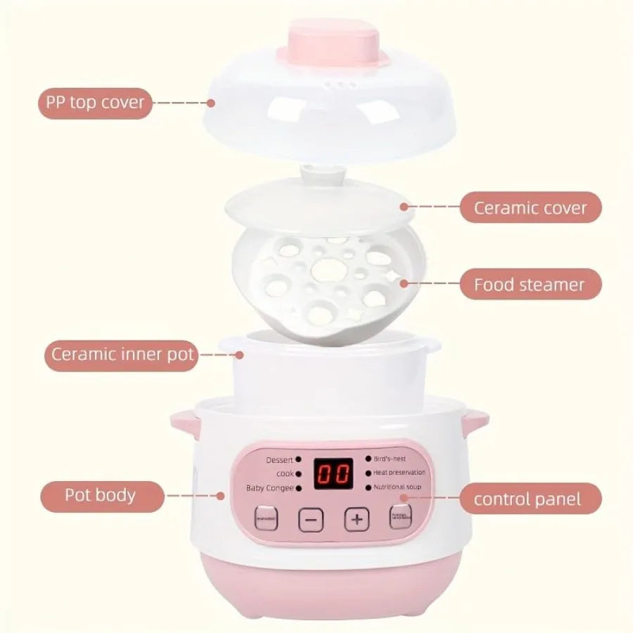 Pink 1L Ceramic Slow Cooker with Steamer Basket 200W Mini Electric Stew Pot 24-Hour Delayed Start Auto Keep-Warm Household Kitc