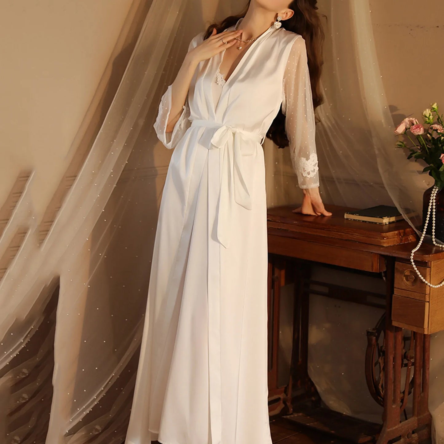 Sexy Silks Long Bathrobe Pajamas Women Nightgown Sets Robe Cardigan Luxury Night Gowns Loungewear High Quality Home Wear New