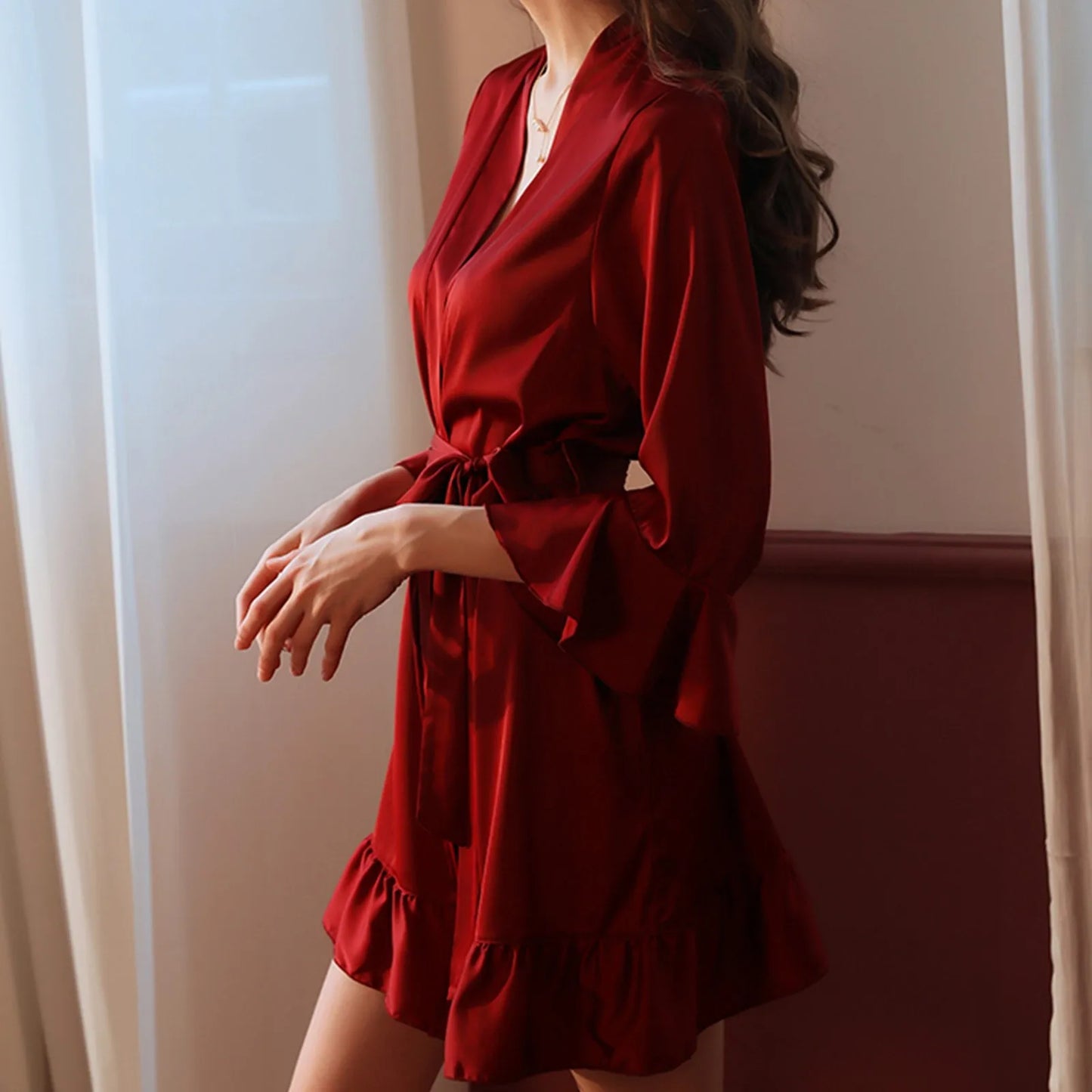 Sexy Lingerie For Women Autumn Winter Bride Robe Seductive Silk Kimono Ruffled Sleeves Sleepwear Kimono For Women New Pijama