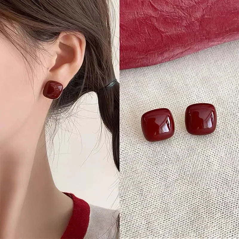 Ankela Red Ribbon Bow-knot Vintage Stud Earrings For Women Korean Fashion INS Autumn Winter Simple Bow Geometric Earring