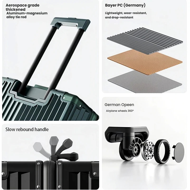Fashionable PC aluminum frame luggage for women, 20/22/24/26/28 inches, boarding case, trolley travel bag, men's password case