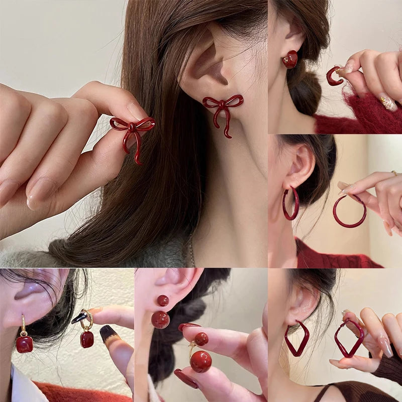 Ankela Red Ribbon Bow-knot Vintage Stud Earrings For Women Korean Fashion INS Autumn Winter Simple Bow Geometric Earring