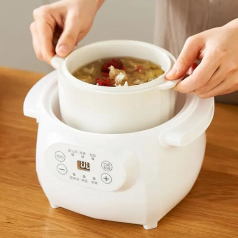 1L 200W Electric Stew Pot Ceramic Liner Hot Pot Cooker with Timer Reservation Warm Keeping for Porridge Rice Soup Kitchen Food