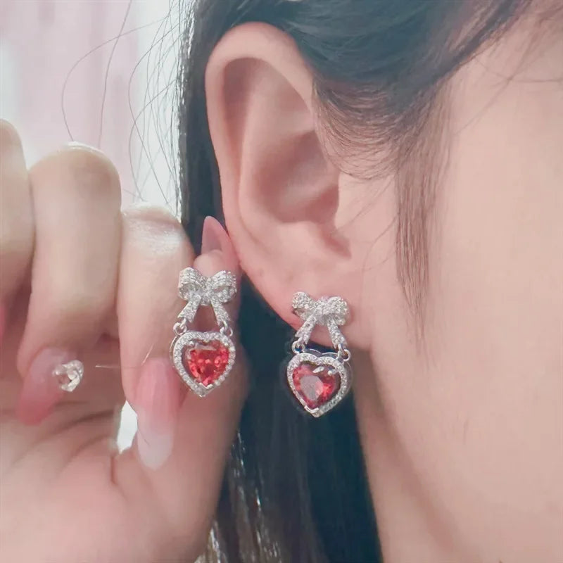 MDL Moissanite Style Sparkling Color Gems Rainbow Color Heart Drop Earrings 18K Gold Plated Heart Ribbon Zirconia