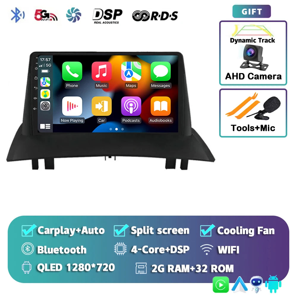 Android 15 For Renault Megane 2 2002-2009 2K QLED Android Car Radio Multimedia Video Player GPS Stereo CarPlay 4G Navigationv BT