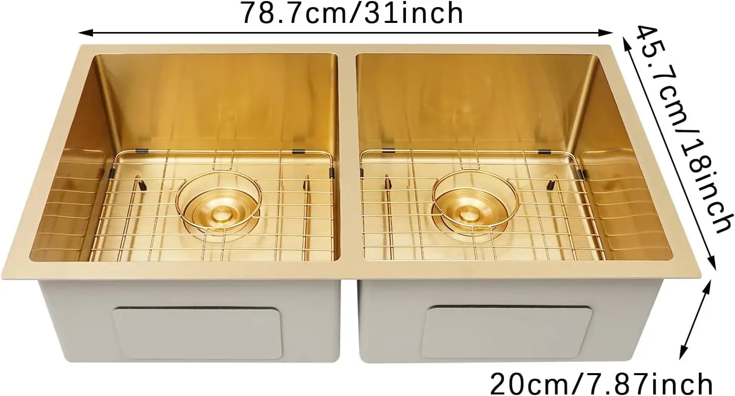 Double Bowl Sink, 31 Inch Undermount Stainless Steel Sink with Grid and Drainer for Commercial Kitchens, Homes, Backyards (Gold)