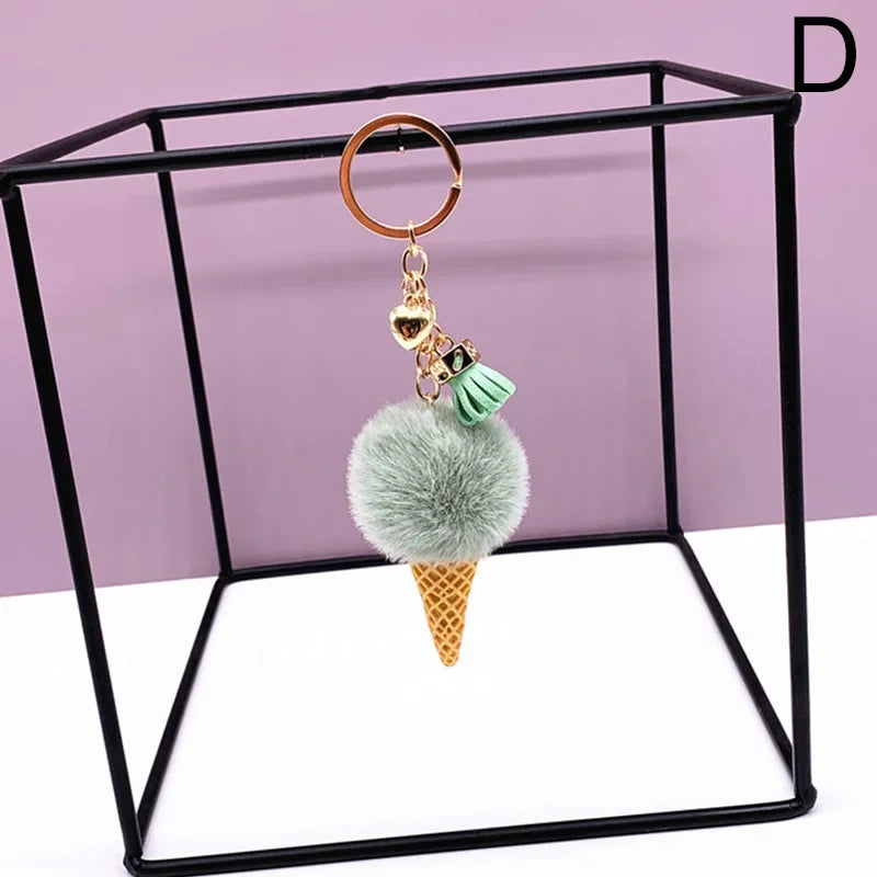 New Ice Cream Keychains for Women Men Plush Pompom Key Chain Rings Pendant Keyring Holder Charm Bag Jewelry Gifts