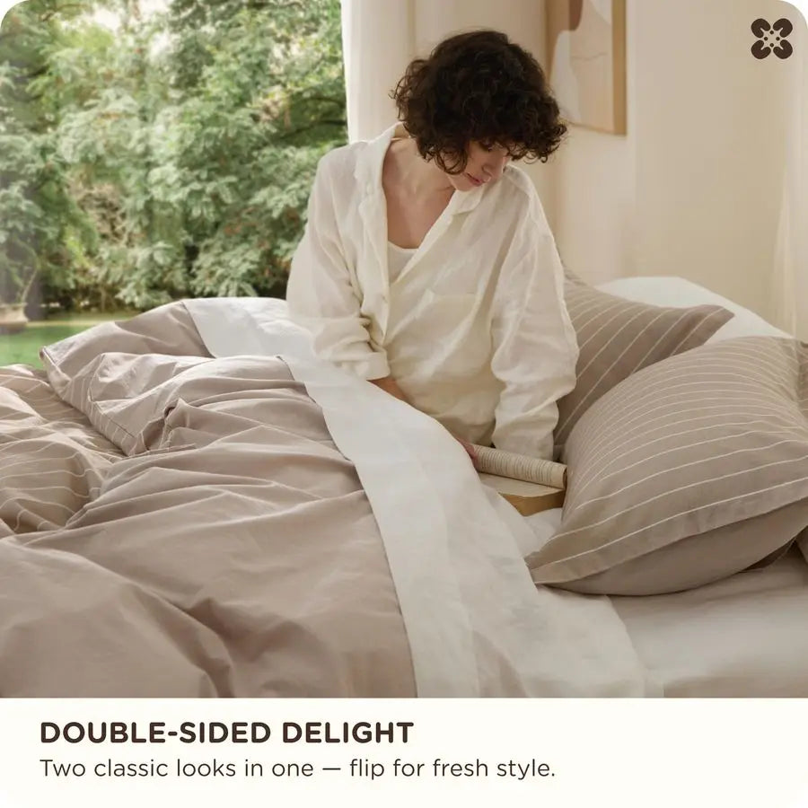 Striped Duvet Cover King Size,100 Washed Cotton Duvet Cover Linen Like Textured, Classic Striped Pattern Enhances Bedroom Comfor