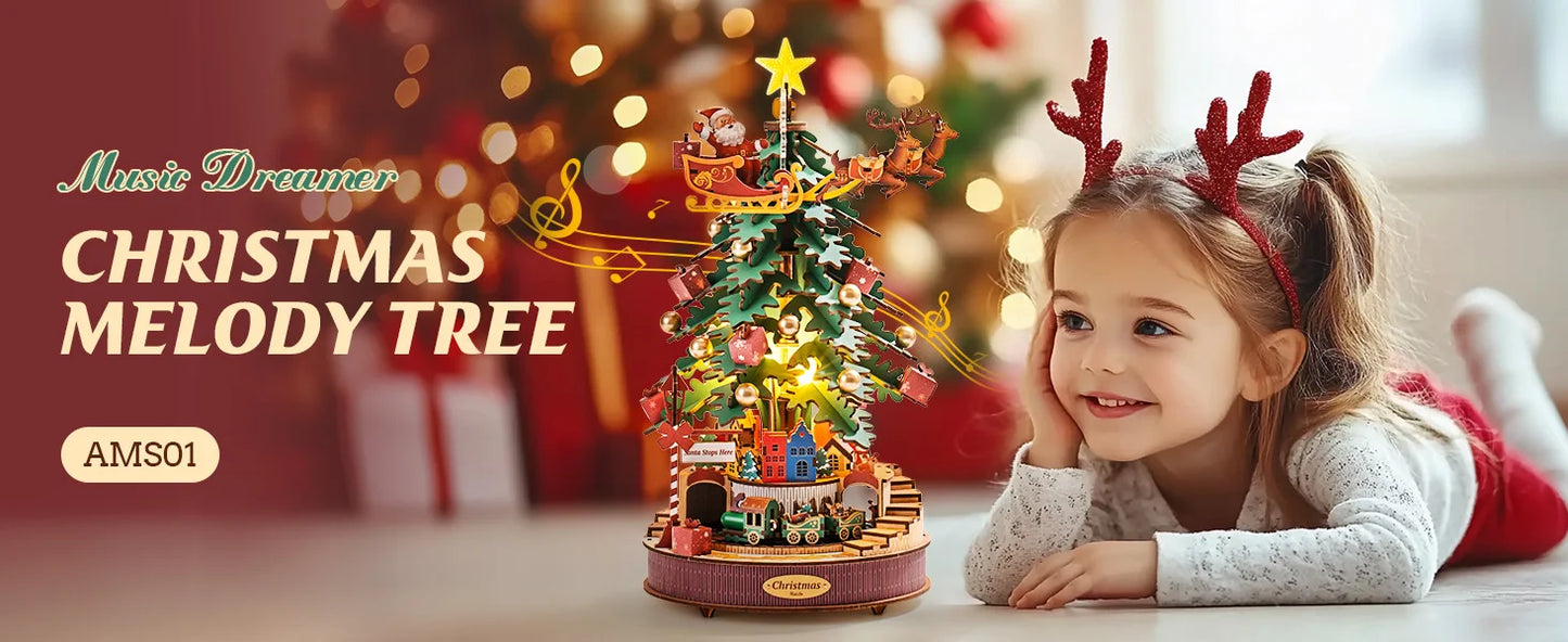 Robotime 3D Wooden Puzzles Music Box Christmas Melody Tree Wooden Model Kits for Adults to Build Best Gifts for Adults and Kids