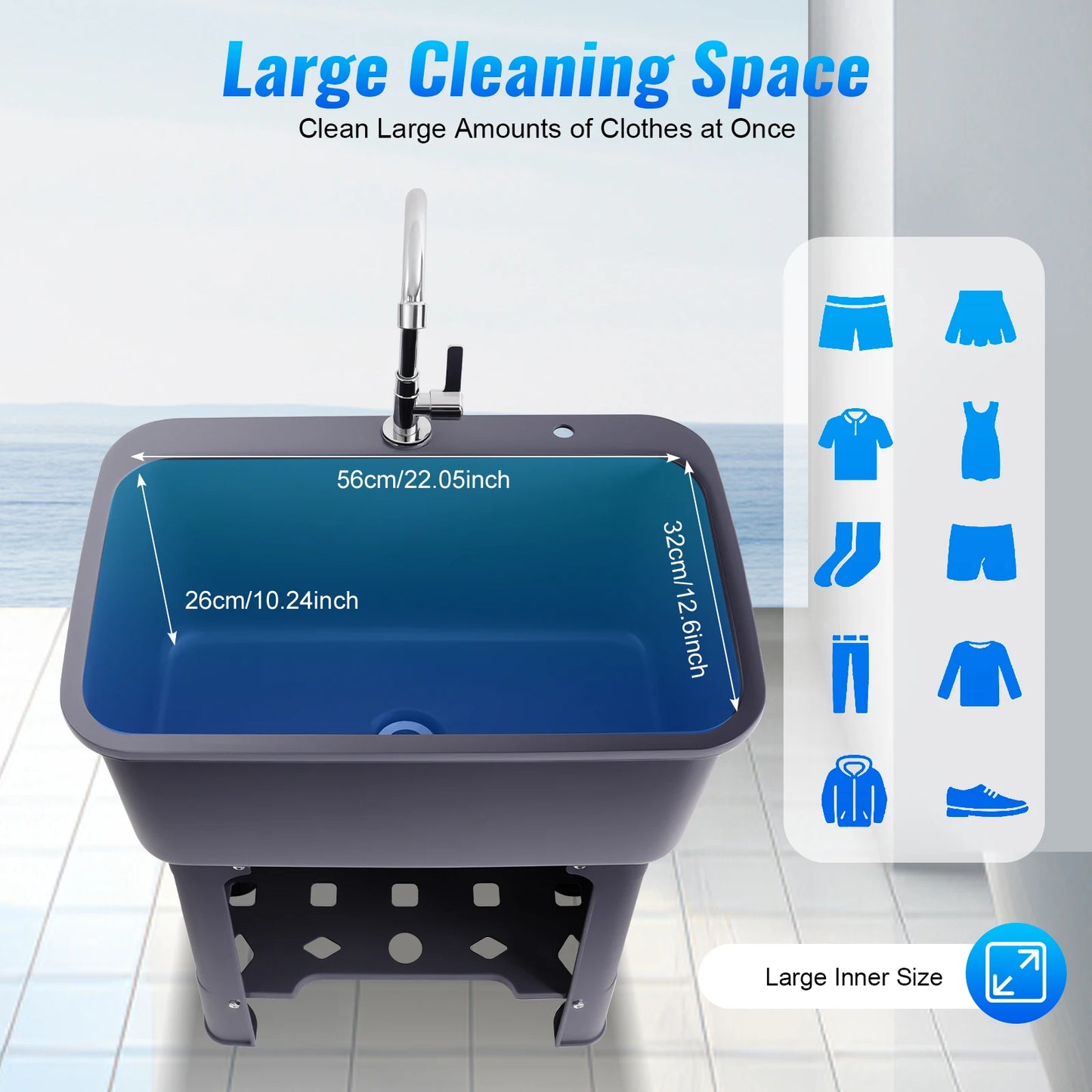 Utility Sink with 360° Faucet, 48L Large Capacity Laundry Sink for Cleaning Kitchen Garage, PP Freestanding Sink with Washboard