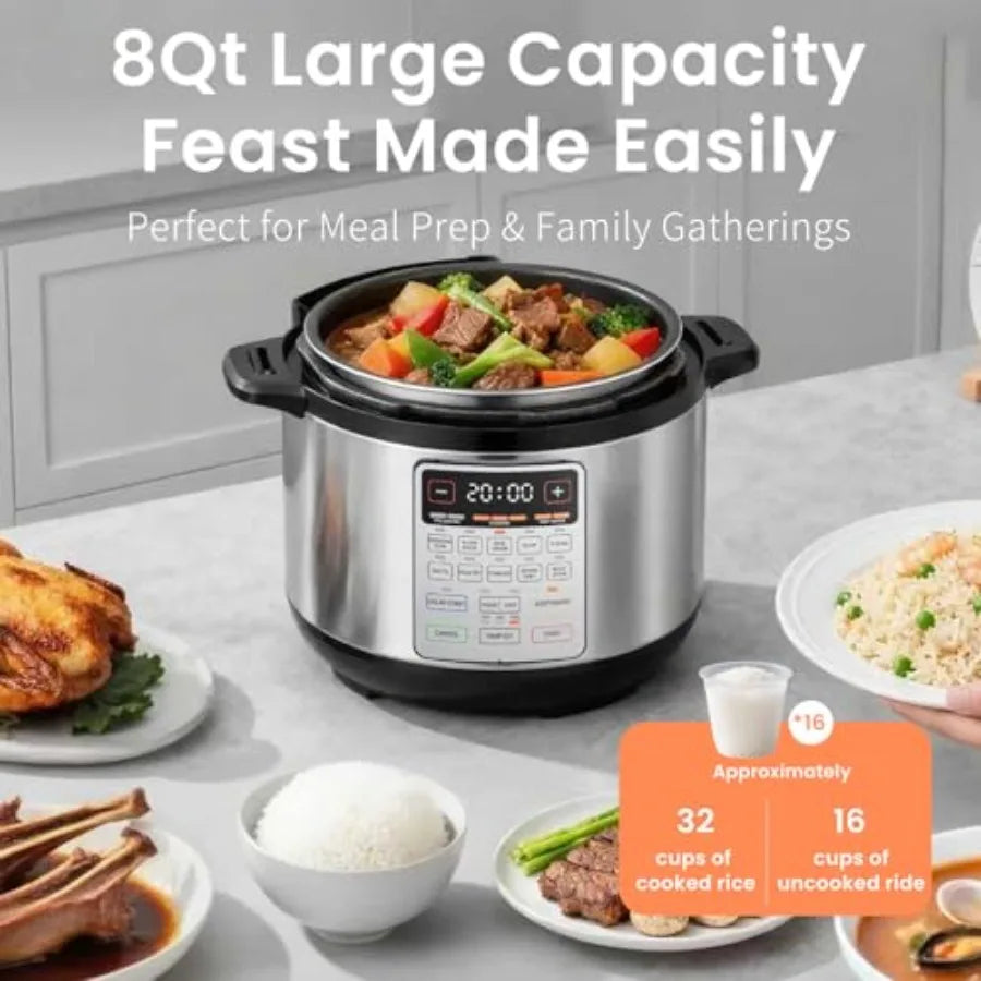 8QT Electric Pressure Cooker 1200W Fast Cooking 12-in-1 Programmable with Ceramic Non-Stick Pot for Saute Slow Cook Steam Yogur