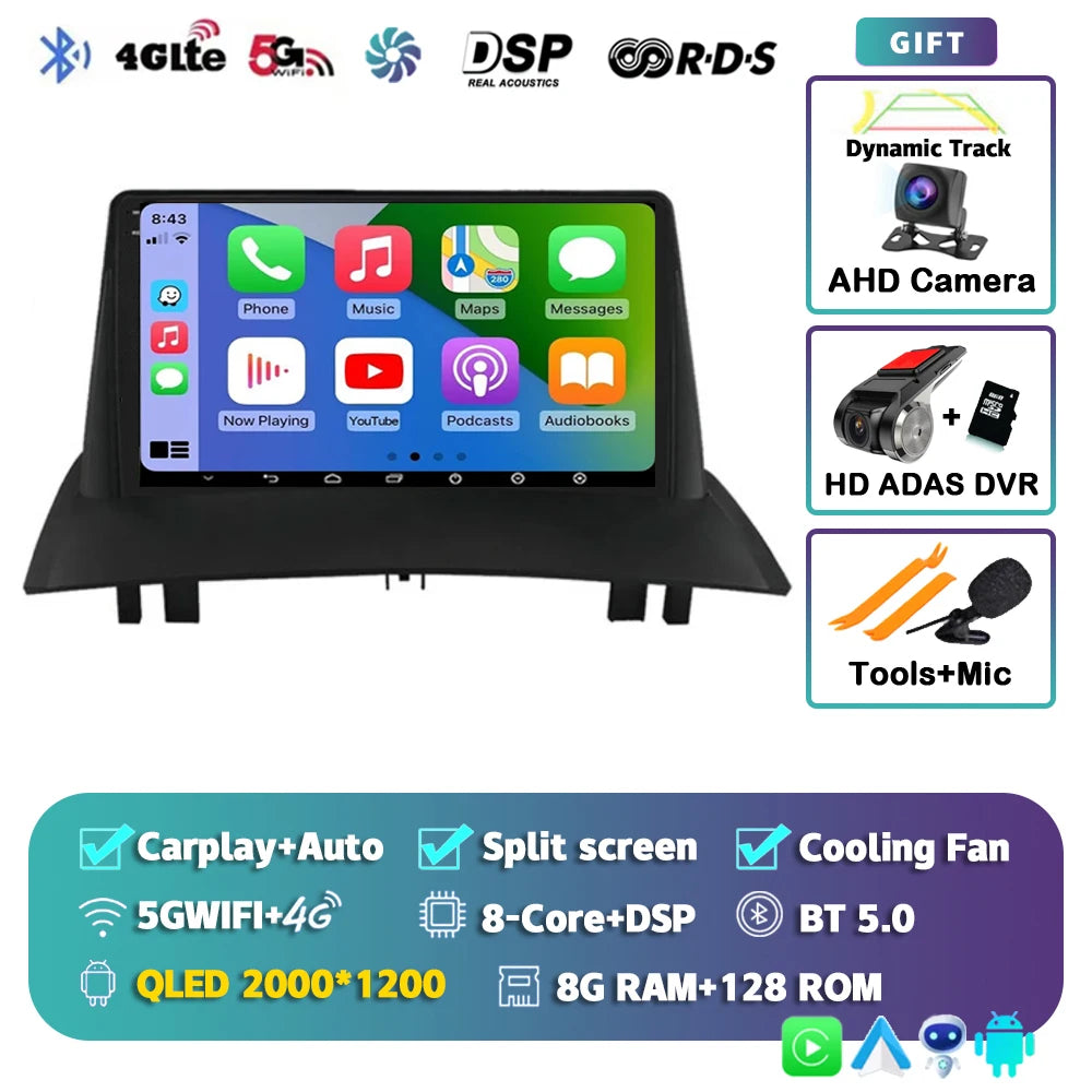 Android 15 For Renault Megane 2 2002-2009 2K QLED Android Car Radio Multimedia Video Player GPS Stereo CarPlay 4G Navigationv BT