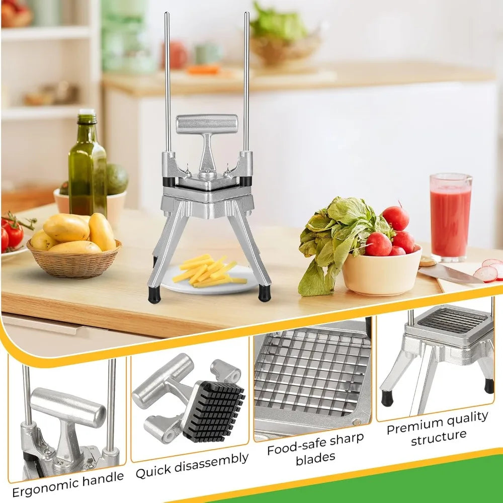 Stainless Steel Vegetable Chopper & French Fry Cutter with 3 Blade Sizes - Perfect for Home Kitchen or Restaurant Use