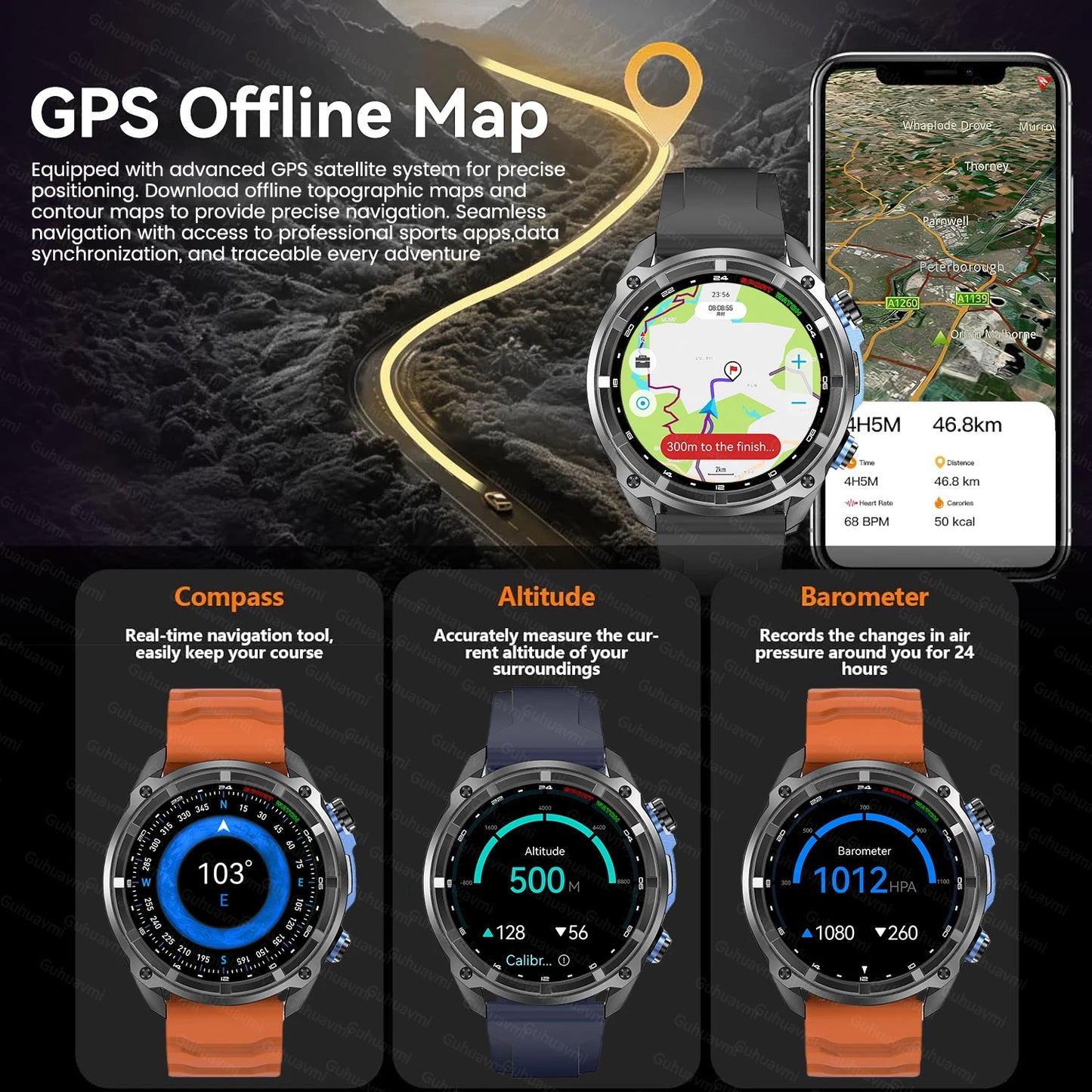 New Men Outdoor GPS Map AMOLED Smart Watch 1000mAh Ultra Large Battery 10ATM Waterproof Bluetooth Call Sports Fitness Smartwatch