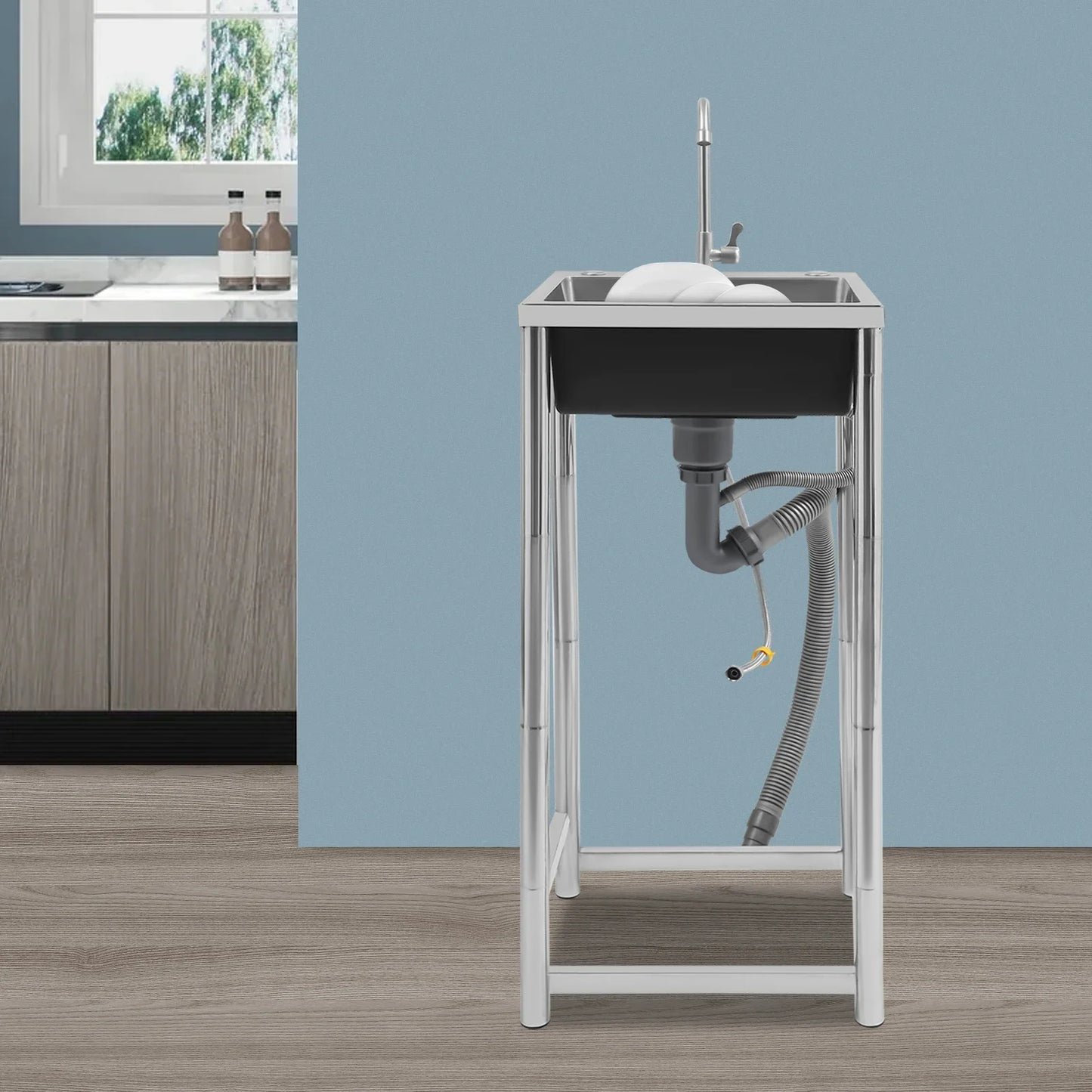 Commercial sink 45x40x22cm Stainless Steel Sink with Faucet, Free Standing Utility Sink, Single Bowl Commercial Sink