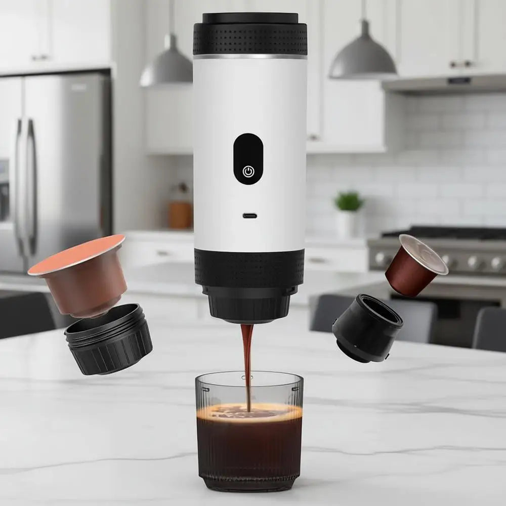 Portable Electric Espresso Machine, Travel Coffee Maker Brewer Compatible with Ground Coffee & NS Capsules (White LCD Screen)
