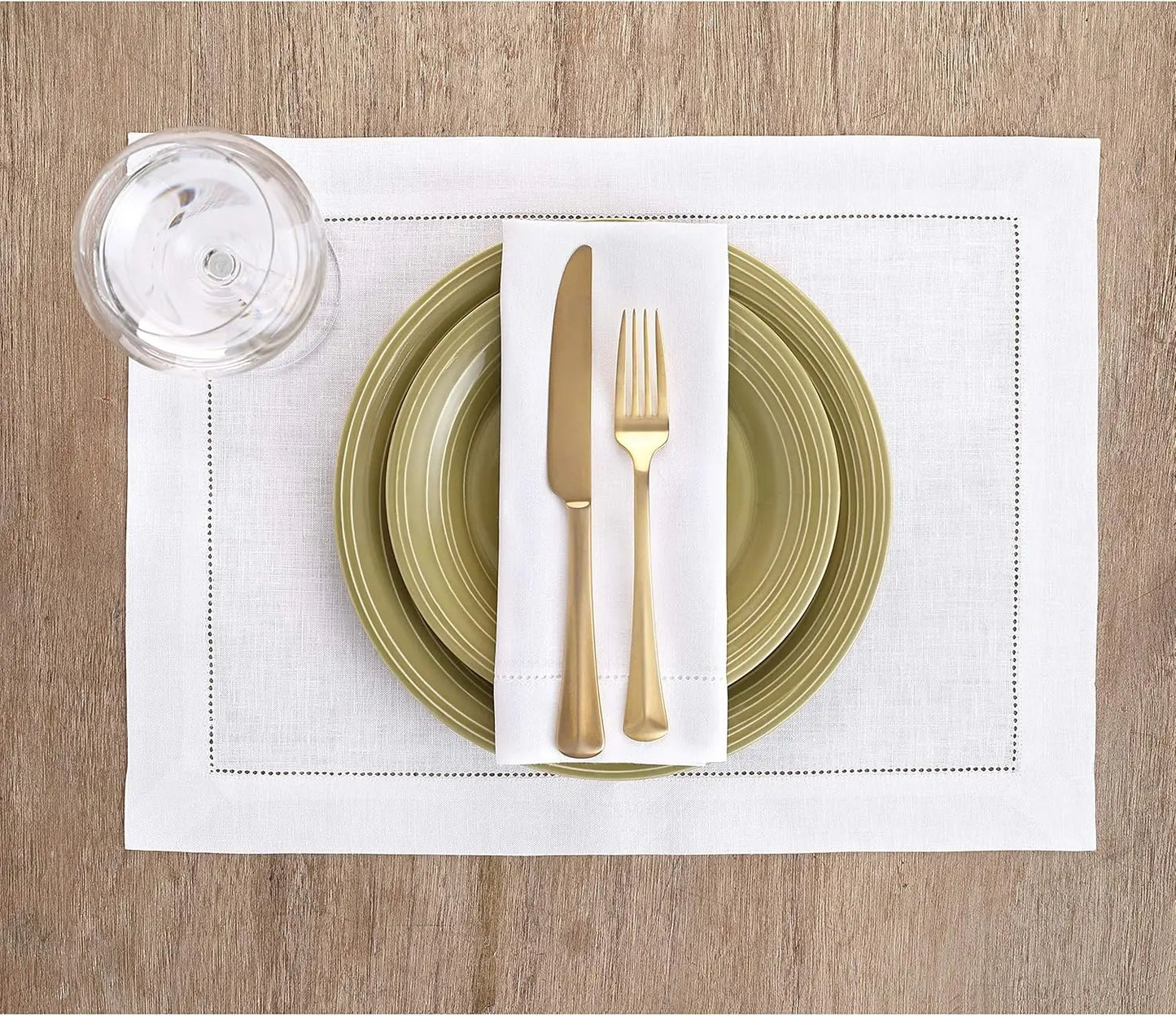 Set of 4 White Linen Placemats with Hemstitch, 14x19 Inch, Pure Linen Table Mats for Holidays and Special Occasions