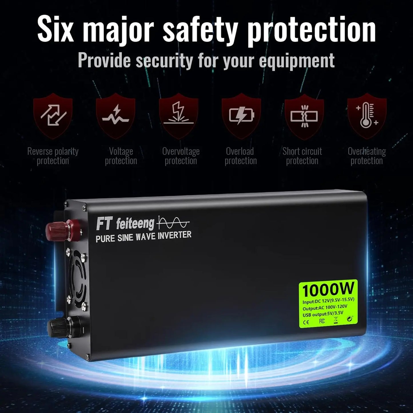 1000W Pure Sine Wave Inverter 12V DC to 120V AC, 60Hz, with Battery Cables, 2 AC Outlets, 2 USB Ports, for Laptops, Cars, RVs, C